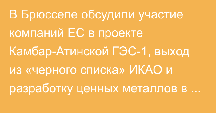 В Брюсселе обсудили участие компаний ЕС в проекте Камбар-Атинской ГЭС-1, выход из «черного списка» ИКАО и разработку ценных металлов в КР