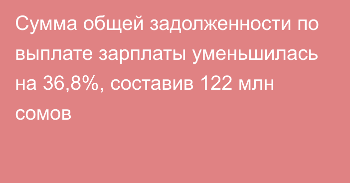 Сумма общей задолженности по выплате зарплаты уменьшилась на 36,8%, составив 122 млн сомов