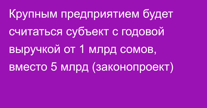 Крупным предприятием будет считаться субъект с годовой выручкой от 1 млрд сомов, вместо 5 млрд (законопроект)