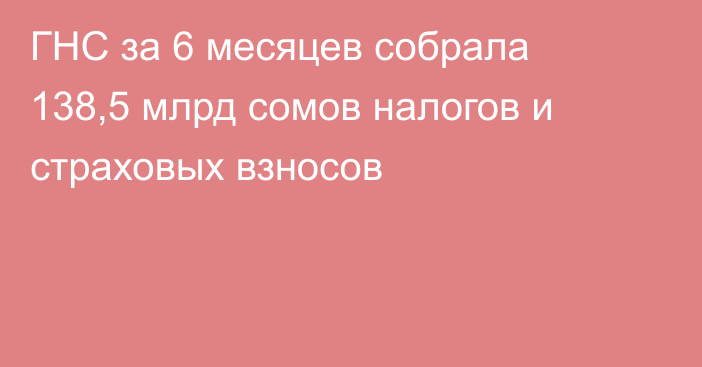 ГНС за 6 месяцев собрала 138,5 млрд сомов налогов и страховых взносов