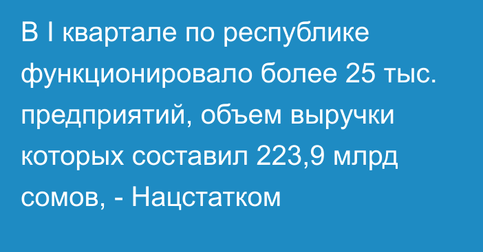 В I квартале по республике функционировало более 25 тыс. предприятий, объем выручки которых составил 223,9 млрд сомов, - Нацстатком