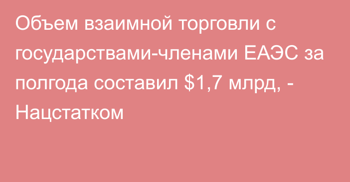 Объем взаимной торговли с государствами-членами ЕАЭС за полгода составил $1,7 млрд, - Нацстатком