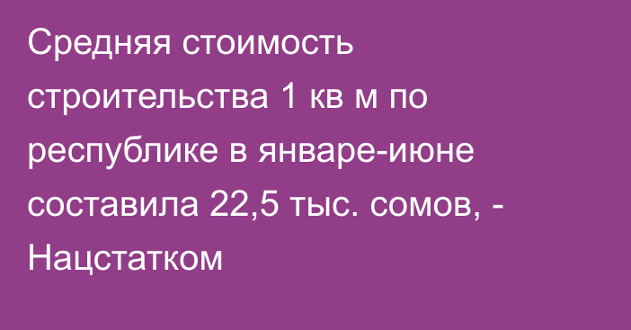 Средняя стоимость строительства 1 кв м по республике в январе-июне составила 22,5 тыс. сомов, - Нацстатком