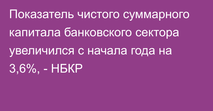 Показатель чистого суммарного капитала банковского сектора увеличился с начала года на 3,6%, - НБКР