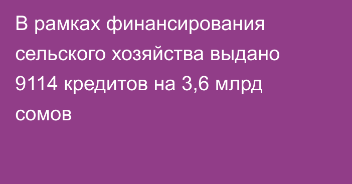 В рамках финансирования сельского хозяйства выдано 9114 кредитов на 3,6 млрд сомов