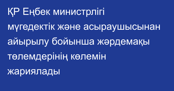 ҚР Еңбек министрлігі мүгедектік және асыраушысынан айырылу бойынша жәрдемақы төлемдерінің көлемін жариялады