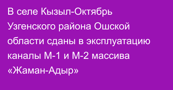 В селе Кызыл-Октябрь Узгенского района Ошской области сданы в эксплуатацию каналы М-1 и М-2 массива «Жаман-Адыр»