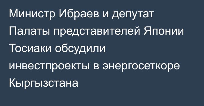 Министр Ибраев и депутат Палаты представителей Японии Тосиаки обсудили инвестпроекты в энергосеткоре Кыргызстана