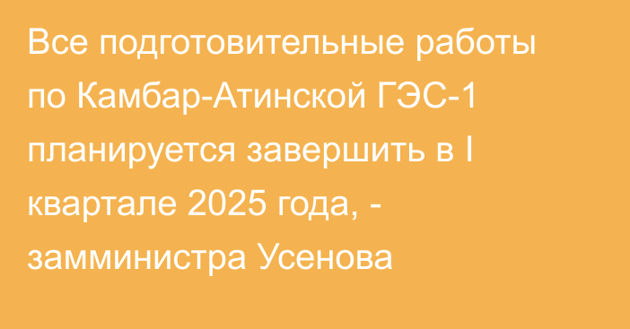 Все подготовительные работы по Камбар-Атинской ГЭС-1 планируется завершить в I квартале 2025 года, - замминистра Усенова