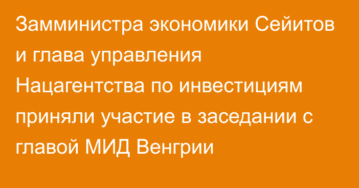 Замминистра экономики Сейитов и глава управления Нацагентства по инвестициям приняли участие в заседании с главой МИД Венгрии