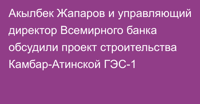 Акылбек Жапаров и управляющий директор Всемирного банка обсудили проект строительства Камбар-Атинской ГЭС-1