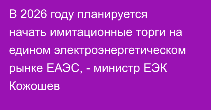 В 2026 году планируется начать имитационные торги на едином электроэнергетическом рынке ЕАЭС, - министр ЕЭК Кожошев