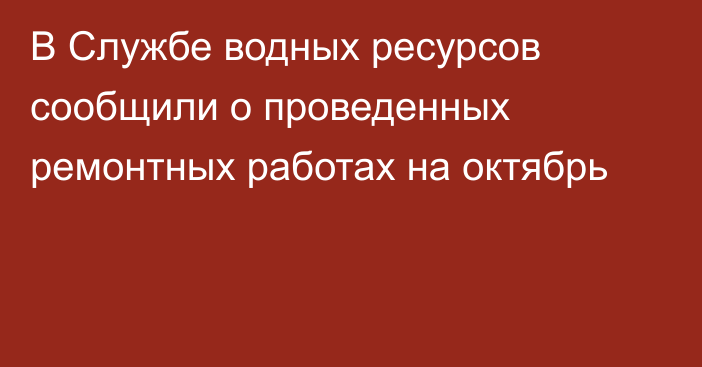 В Службе водных ресурсов сообщили о проведенных ремонтных работах на октябрь