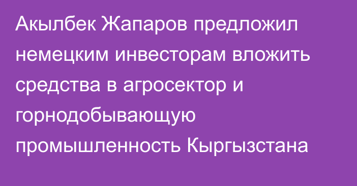 Акылбек Жапаров предложил немецким инвесторам вложить средства в агросектор и горнодобывающую промышленность Кыргызстана