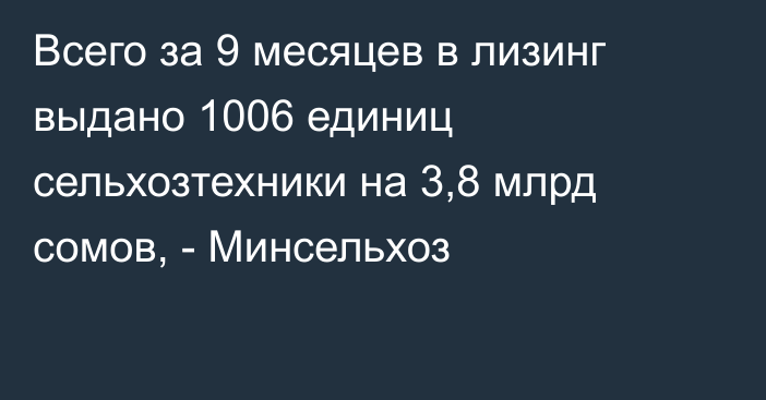 Всего за 9 месяцев в лизинг выдано 1006 единиц сельхозтехники на 3,8 млрд сомов, - Минсельхоз