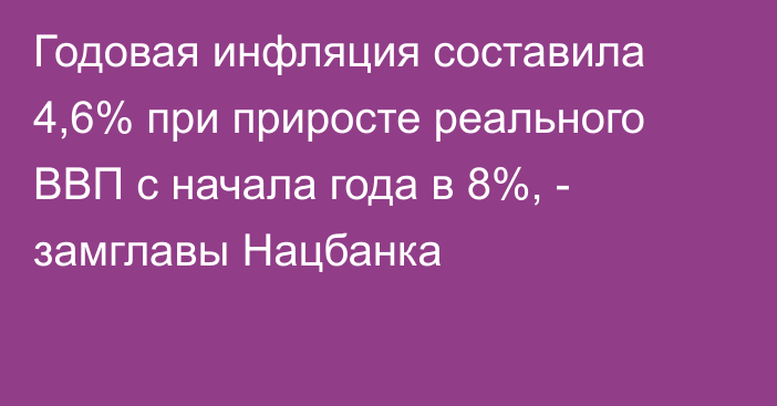 Годовая инфляция составила 4,6% при приросте реального ВВП с начала года в 8%, -  замглавы Нацбанка