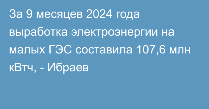 За 9 месяцев 2024 года выработка электроэнергии на малых ГЭС составила 107,6 млн кВтч, - Ибраев