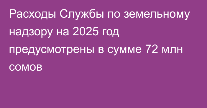 Расходы Службы по земельному надзору на 2025 год предусмотрены в сумме 72 млн сомов