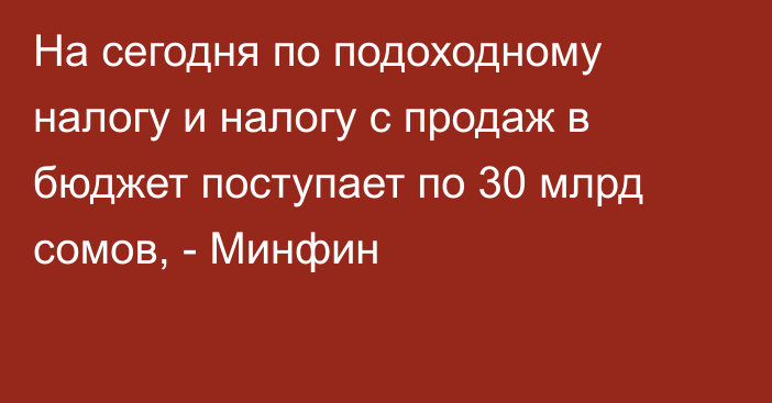 На сегодня по подоходному налогу и налогу с продаж в бюджет поступает по 30 млрд сомов, - Минфин