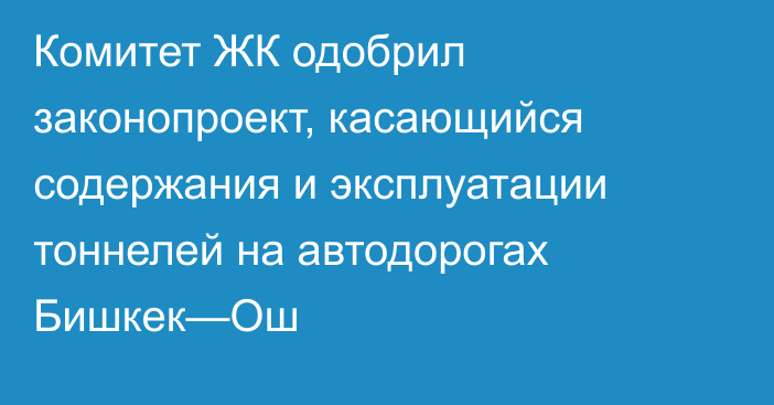 Комитет ЖК одобрил законопроект, касающийся содержания и эксплуатации тоннелей на автодорогах Бишкек—Ош