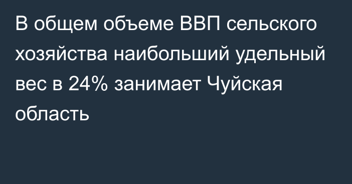 В общем объеме ВВП сельского хозяйства наибольший удельный вес в 24% занимает Чуйская область