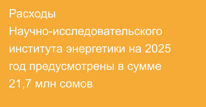 Расходы Научно-исследовательского института энергетики на 2025 год предусмотрены в сумме 21,7 млн сомов