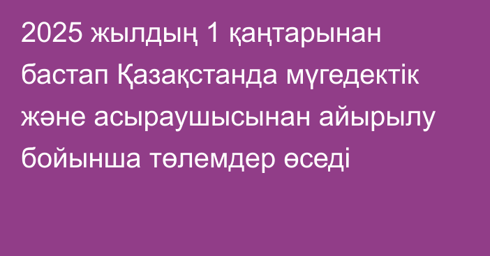 2025 жылдың 1 қаңтарынан бастап Қазақстанда мүгедектік және асыраушысынан айырылу бойынша төлемдер өседі