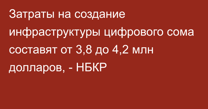 Затраты на создание инфраструктуры цифрового сома составят от 3,8 до 4,2 млн долларов, - НБКР