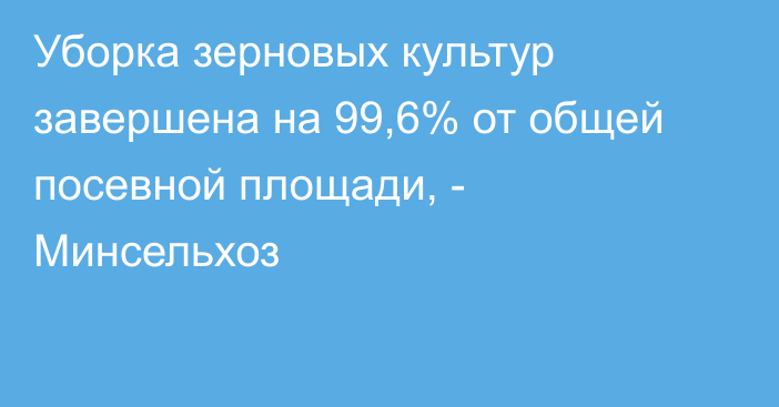 Уборка зерновых культур завершена на 99,6% от общей посевной площади, - Минсельхоз