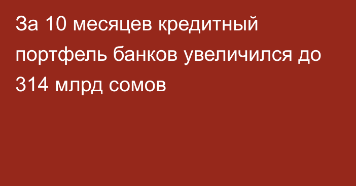 За 10 месяцев кредитный портфель банков увеличился до 314 млрд сомов 