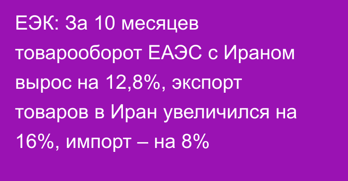 ЕЭК: За 10 месяцев товарооборот ЕАЭС с Ираном вырос на 12,8%, экспорт товаров в Иран увеличился на 16%, импорт – на 8%