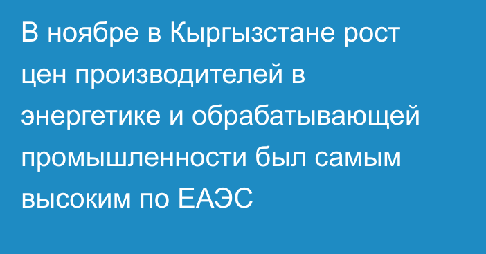 В ноябре в Кыргызстане рост цен производителей в энергетике и обрабатывающей промышленности был самым высоким по ЕАЭС