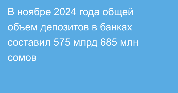 В ноябре 2024 года общей объем депозитов в банках составил 575 млрд 685 млн сомов