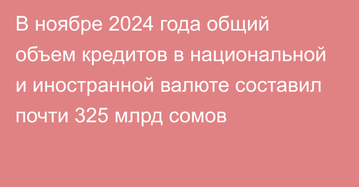 В ноябре 2024 года общий объем кредитов в национальной и иностранной валюте составил почти 325 млрд сомов