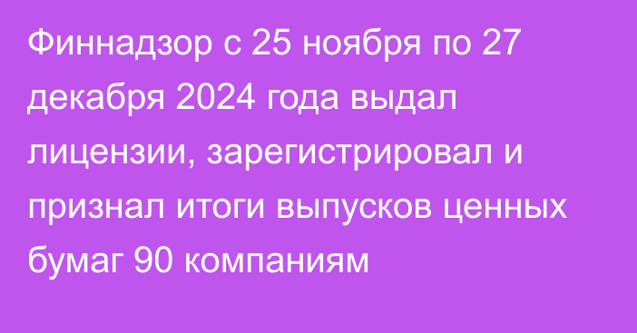 Финнадзор с 25 ноября по 27 декабря 2024 года выдал лицензии, зарегистрировал и признал итоги выпусков ценных бумаг 90 компаниям