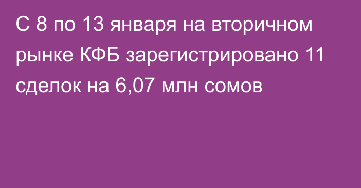 С 8 по 13 января на вторичном рынке КФБ зарегистрировано 11 сделок на 6,07 млн сомов