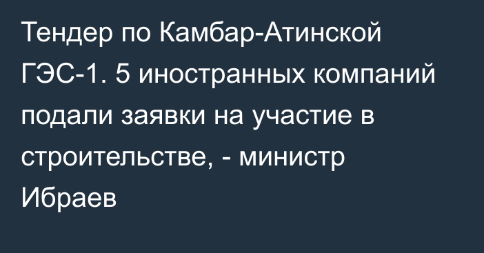 Тендер по Камбар-Атинской ГЭС-1. 5 иностранных компаний подали заявки на участие в строительстве, - министр Ибраев